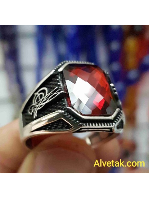 kırmızı zirkon taşlı 925 ayar gümüş erkek yüzük : 01661