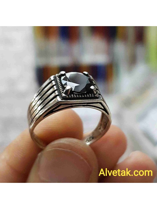 siyah zirkon taşlı 925 ayar gümüş erkek yüzük : 01891