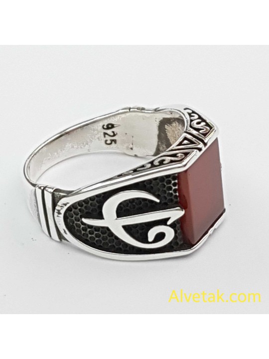Kırmızı Akik Taşlı 925 Ayar Gümüş Erkek Yüzük : 01909