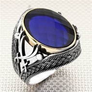 mavi zirkon taşlı zülfikarlı 925 ayar gümüş erkek yüzük : 01968