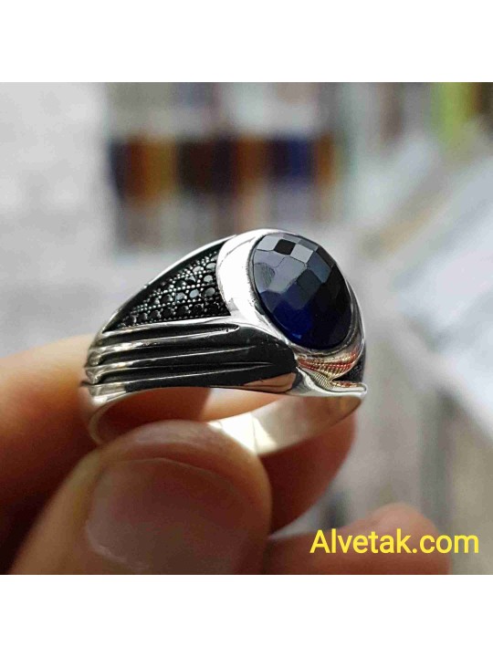 mavi zirkon taşlı 925 ayar gümüş erkek yüzük : 01985