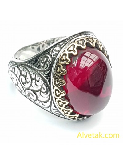 kırmızı zirkon taşlı 925 ayar gümüş erkek yüzük : 02347