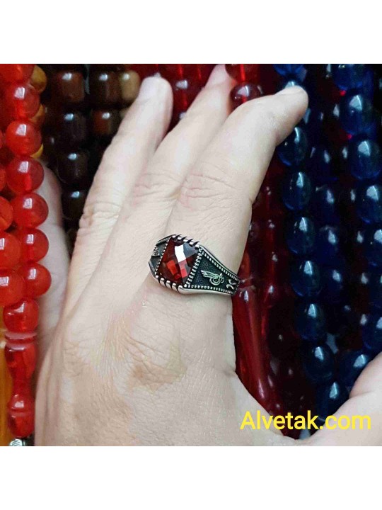 kırmızı zirkon taşlı 925 ayar gümüş erkek yüzük : 02366