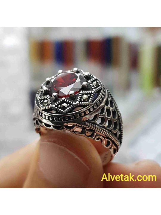 kırmızı zirkon taşlı 925 ayar gümüş erkek yüzük : 02459