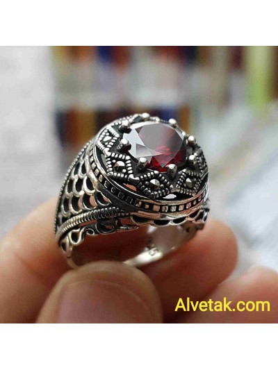 kırmızı zirkon taşlı 925 ayar gümüş erkek yüzük : 02459