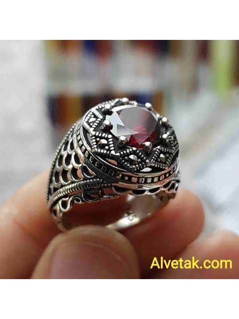 kırmızı zirkon taşlı 925 ayar gümüş erkek yüzük : 02459