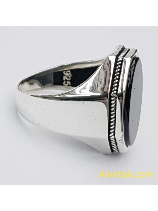 Siyah Oniks Taşlı 925 Ayar Gümüş Erkek Yüzük (Büyük Model) : 02544