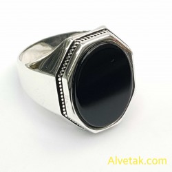 Siyah Oniks Taşlı 925 Ayar Gümüş Erkek Yüzük (Büyük Model) : 02544