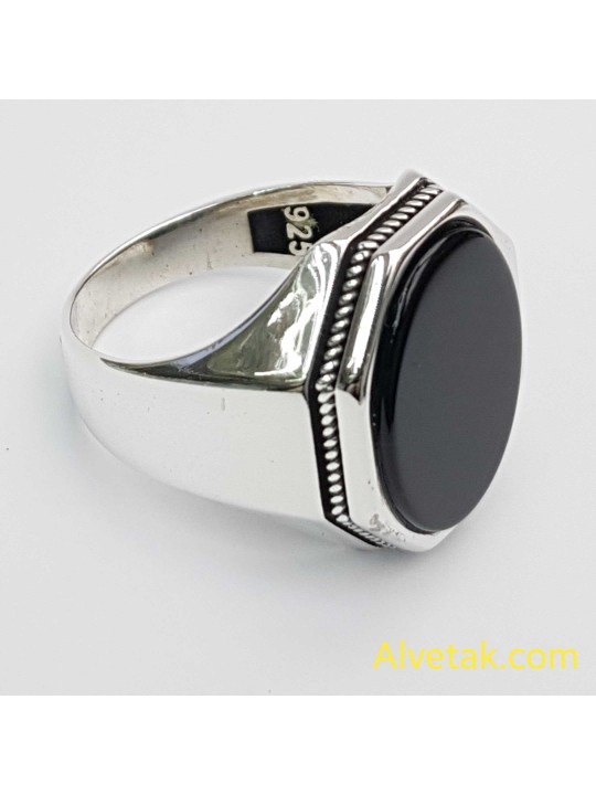 Siyah Oniks Taşlı 925 Ayar Gümüş Erkek Yüzük (Büyük Model) : 02544