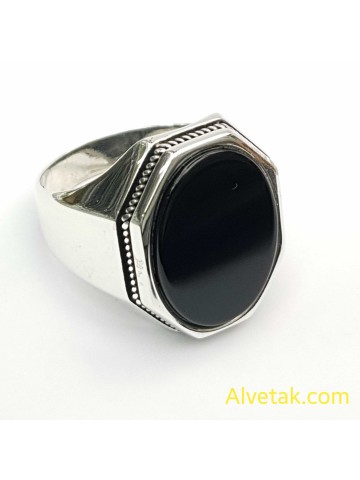 Siyah Oniks Taşlı 925 Ayar Gümüş Erkek Yüzük (Büyük Model) : 02544