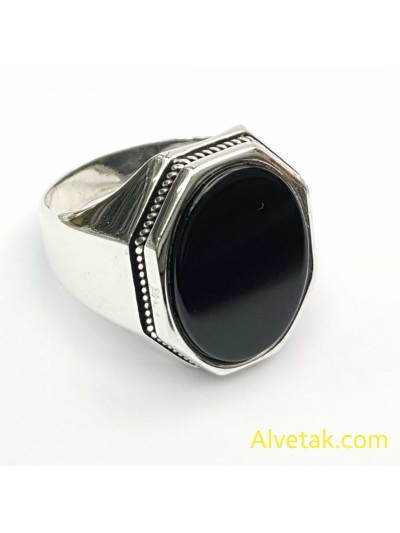 Siyah Oniks Taşlı 925 Ayar Gümüş Erkek Yüzük (Büyük Model) : 02544