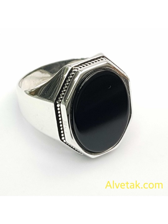 Siyah Oniks Taşlı 925 Ayar Gümüş Erkek Yüzük (Büyük Model) : 02544