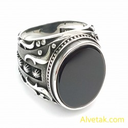 Siyah Oniks Taşlı 925 Ayar Gümüş Erkek Yüzük : 02564