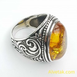 Orijinal Damla Kehribar Taşlı 925 Ayar Gümüş Erkek Yüzük : 02570