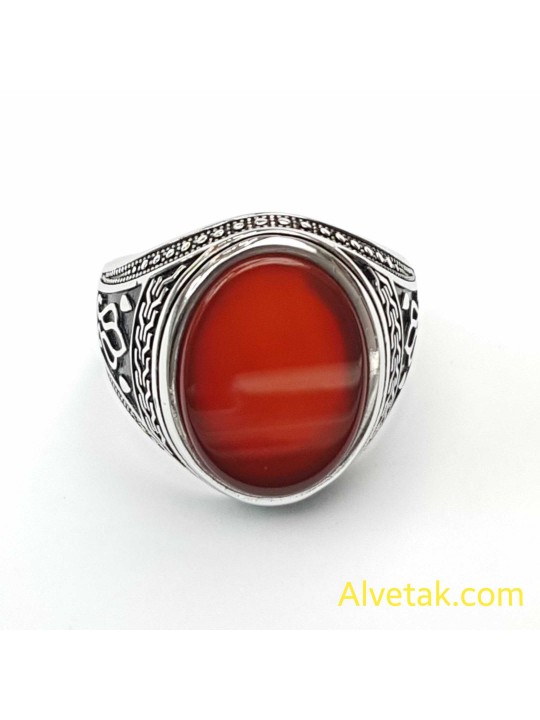 Kırmızı Akik Taşlı 925 Ayar Gümüş Erkek Yüzük : 02598