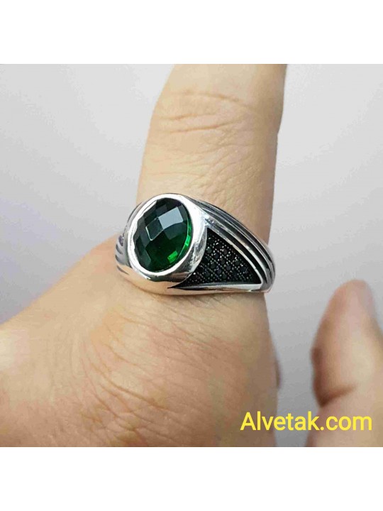 yeşil zirkon taşlı 925 ayar gümüş erkek yüzük : 02614