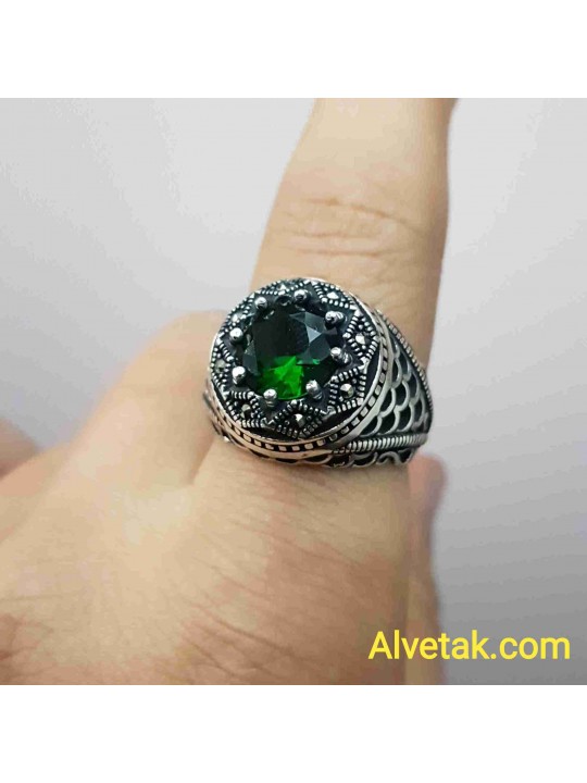 yeşil zirkon taşlı 925 ayar gümüş erkek yüzük : 02809