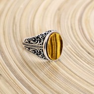 Kaplan Gözü Taşlı 925 Ayar Gümüş Erkek Yüzük