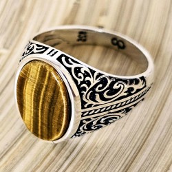 Kaplan Gözü Taşlı 925 Ayar Gümüş Erkek Yüzük