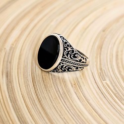 Siyah Oniks Taşlı 925 Ayar Gümüş Erkek Yüzük
