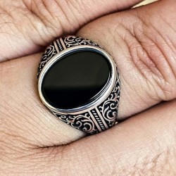 Siyah Oniks Taşlı 925 Ayar Gümüş Erkek Yüzük