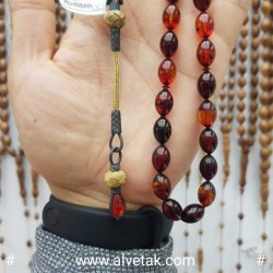 Kırmızı Renkli 1000 Ayar Gümüş Kazaz Püsküllü Sıkma Kehribar Tesbih : 12144