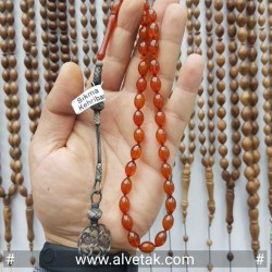 Kırmızı Renkli 1000 Ayar Gümüş Kazaz Püsküllü Sıkma Kehribar Tesbih : 12139