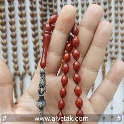 Turuncu Renkli 1000 Ayar Gümüş Kazaz Püsküllü Sıkma Kehribar Tesbih : 12140