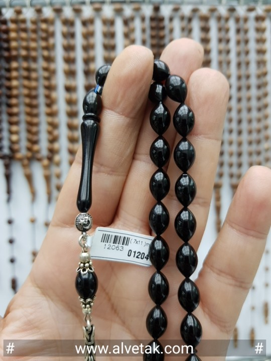 Siyah Renkli Gümüş Püsküllü Sıkma Kehribar Tesbih : 12063