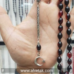 Gümüş Püsküllü Kırmızı Renk Sıkma Kehribar Tesbih : 12047