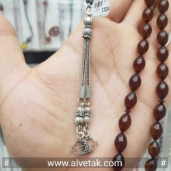 Koyu Kırmızı Renkli 925 Ayar Gümüş Püsküllü Ateş Sıkma Kehribar Tesbih : 12067