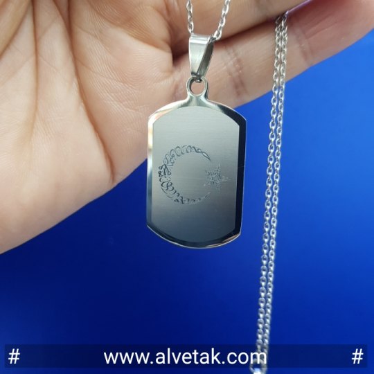 Paslanmaz Ay Yıldız Figürlü Gri Renk Çelik Kolye [ Dörtgen Model ]
