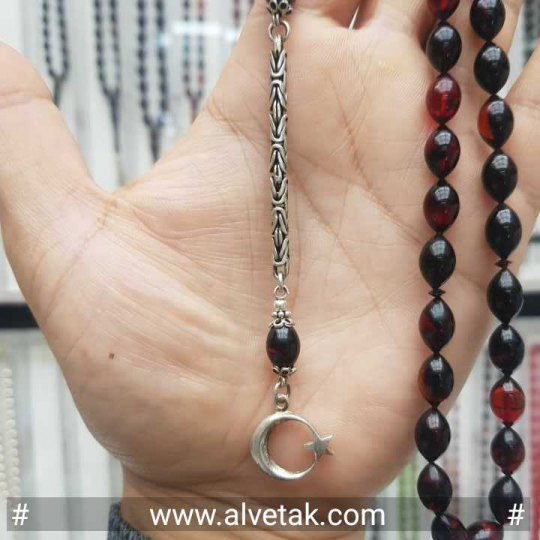 Gümüş Püsküllü Kırmızı Renk Sıkma Kehribar Tesbih : 12047