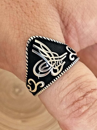 osmanlı tuğra figürlü 925 ayar gümüş okçu -zihgir- erkek yüzük : 00373