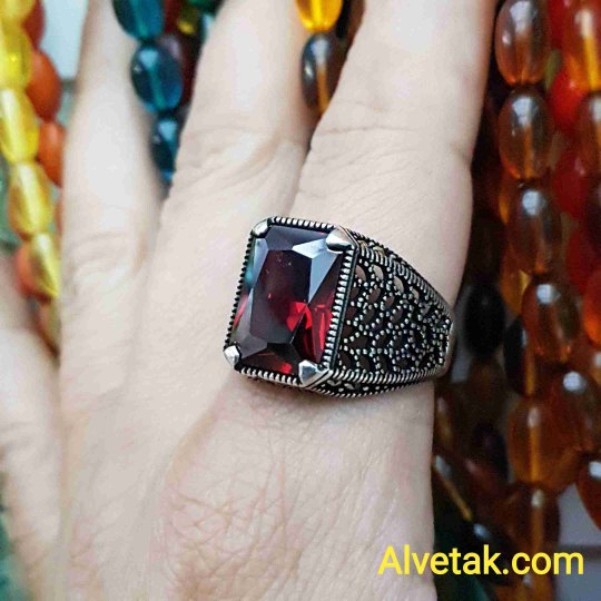 kırmızı zirkon taşlı 925 ayar gümüş erkek yüzük : 01348