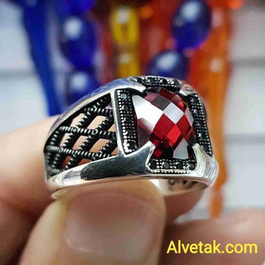 kırmızı zirkon taşlı 925 ayar gümüş erkek yüzük : 01374