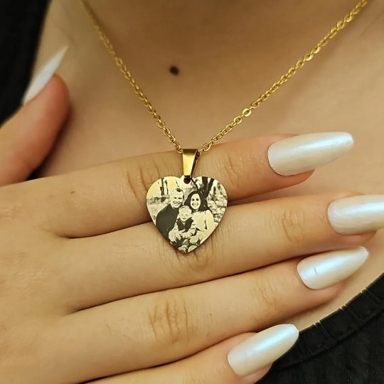 Resimli Kolye, Gold Renk, ,Resimli Kalp Kolye, Paslanmaz Çelik, Çelik Kolye