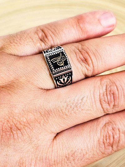 925 Ayar Tuğralı Dörtgen Gümüş Erkek Yüzük : 00939