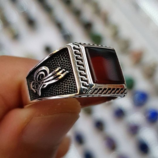 Kırmızı Akik Taşlı 925 Ayar Gümüş Erkek Yüzük : 00013