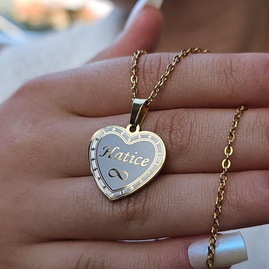İsimli Kolye, Gold Renk, Kalp Şekilli, Çerçeveli, Paslanmaz Çelik