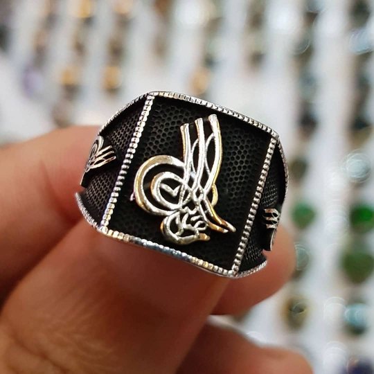 925 Ayar Tuğralı Dörtgen Gümüş Erkek Yüzük : 00476