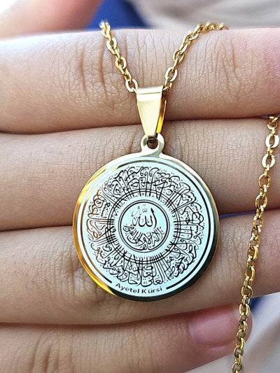 Ayetel Kürsü Kolye, Paslanmaz Çelik, Gold Renk, Hat Model