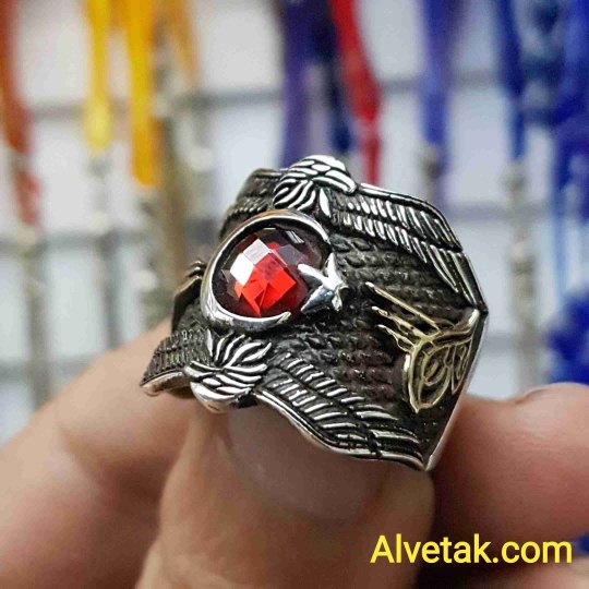 925 Ayar Kırmızı Zirkon Taşlı Ay yıldız Gümüş Erkek Yüzük : 00772