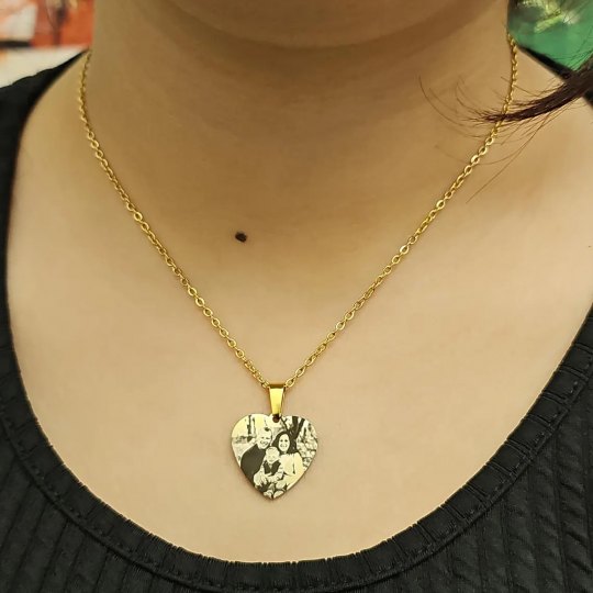 Resimli Kolye, Gold Renk, ,Resimli Kalp Kolye, Paslanmaz Çelik, Çelik Kolye