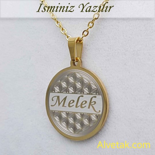 Sarı Gold Yaşam Çiçeği Figürlü İsimli Çelik Kolye [Yuvarlak Model : 25mm]