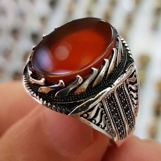 925 Ayar Kırmızı Akik Taşlı Gümüş Erkek Yüzük : 00578