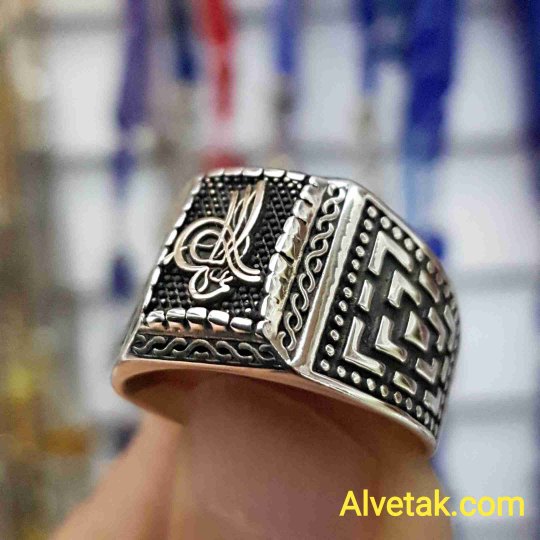 Osmanlı Tuğra Dörtgen 925 Ayar Gümüş Erkek Yüzük : 00918