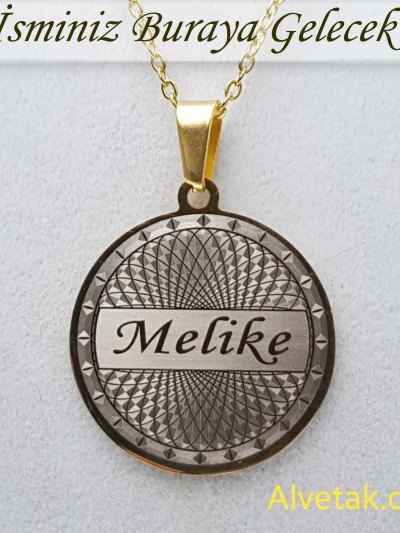 Sarı Gold Helezon Figürlü İsimli Çelik Kolye [Yuvarlak Model : 25mm]