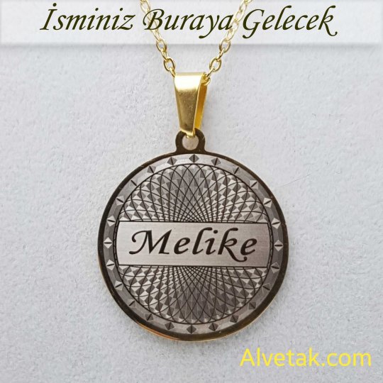 Sarı Gold Helezon Figürlü İsimli Çelik Kolye [Yuvarlak Model : 25mm]