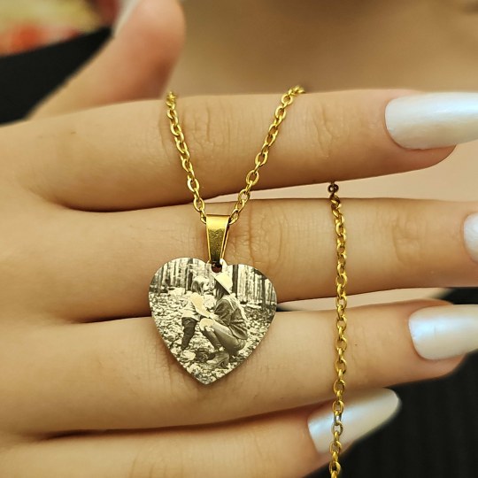 Resimli Kolye, Gold Renk, Resimli Kalp Kolye, Paslanmaz Çelik, Çelik Kolye